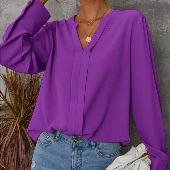 New notched v neck purple long sleeve blouse - Picture 5 of 6